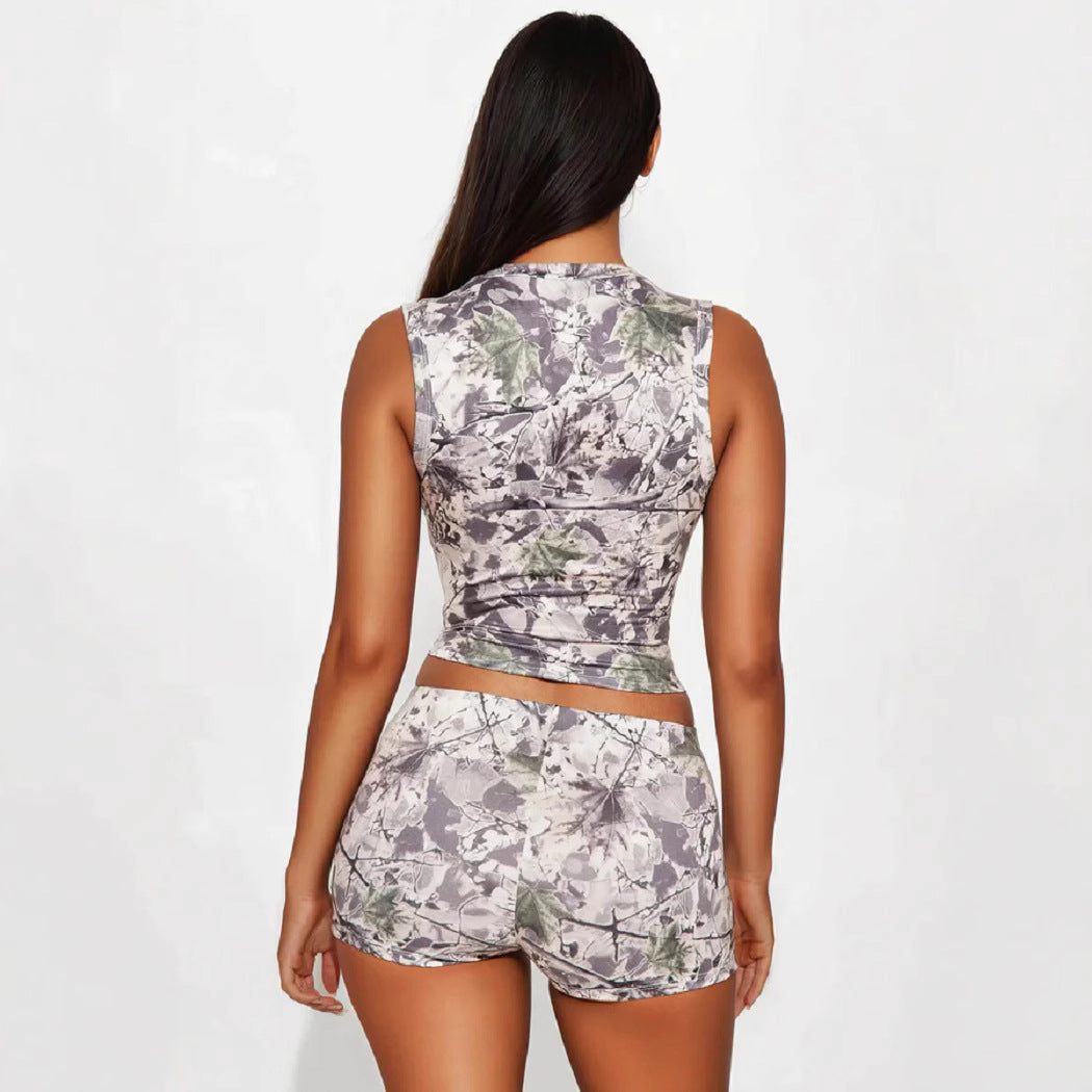 Casual Camouflage Print Round Neck Vest Shorts Set
