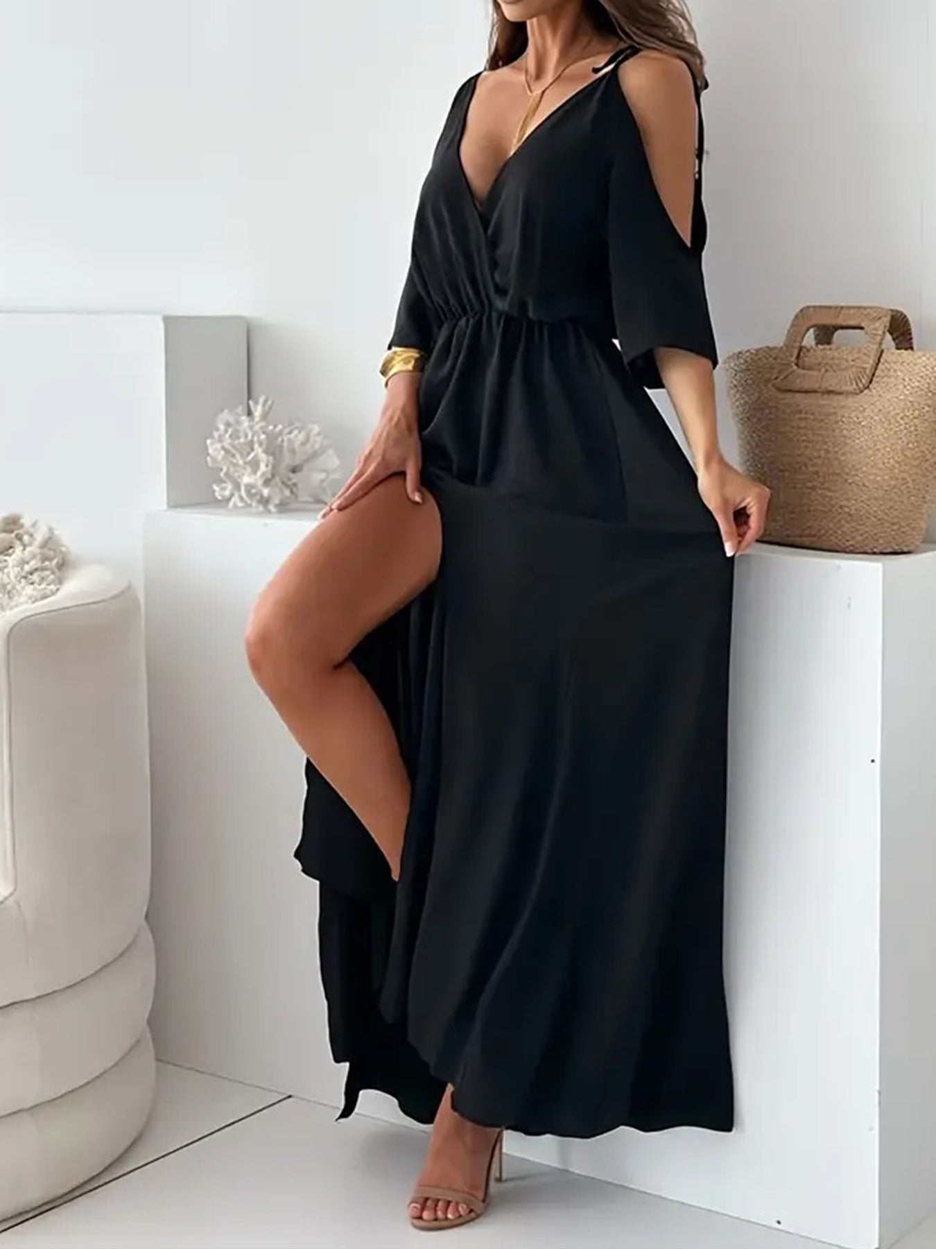 Summer plus size Women solid strap off shoulder sexy slit elegant dress 5