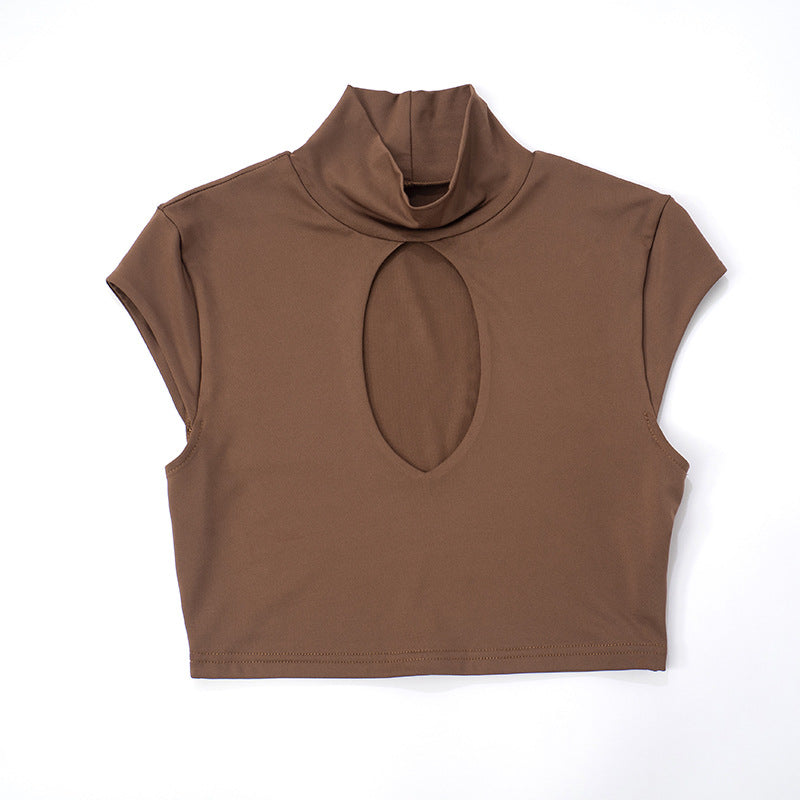 Women's Semi-High Round Neck Front Cut-Out Short Sleeve Crop Top Tight Fitting Cropped Pants Set 16