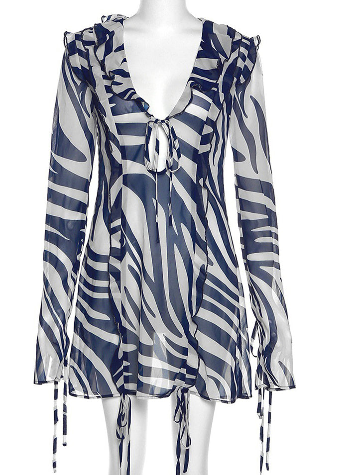 Women's Fall Winter Sexy V-Neck Long Sleeve Chic Stripe Lace-Up Dress 6