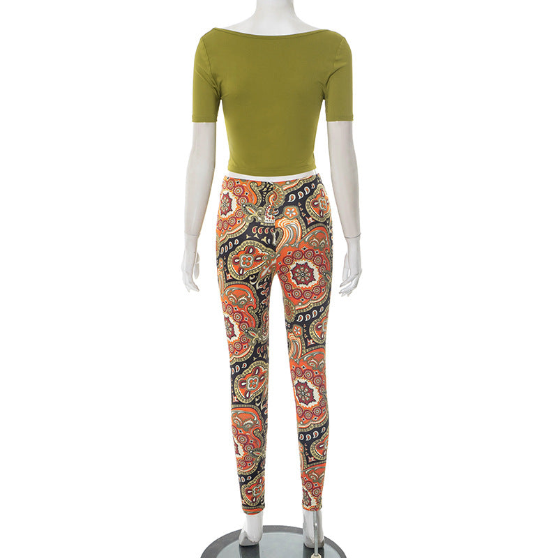 Women's Spring-Summer Graphic Print Crop Top with Tight Pants Set 7
