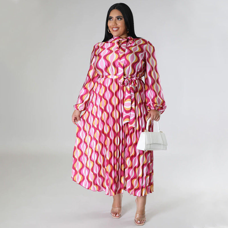 Plus Size Women Lace-Up Long Sleeve Printed Pleated Dress 33