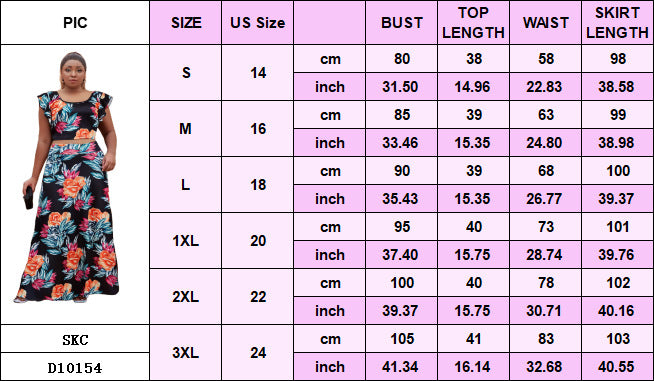 Plus Size Women Women Casual Ruffle Sleeve Printed Top and Long Skirt Two-piece Set 15