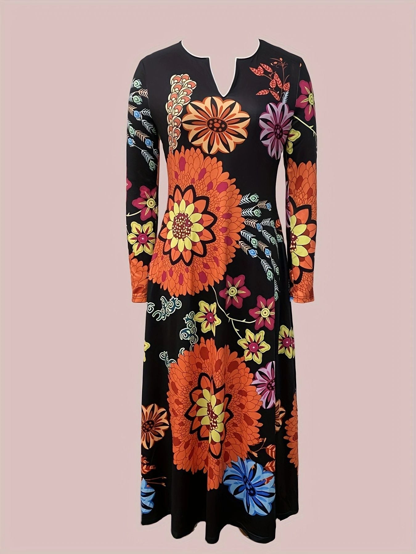 Spring Printed V-Neck Retro Floral Loose Long-Sleeved Long Dress 12
