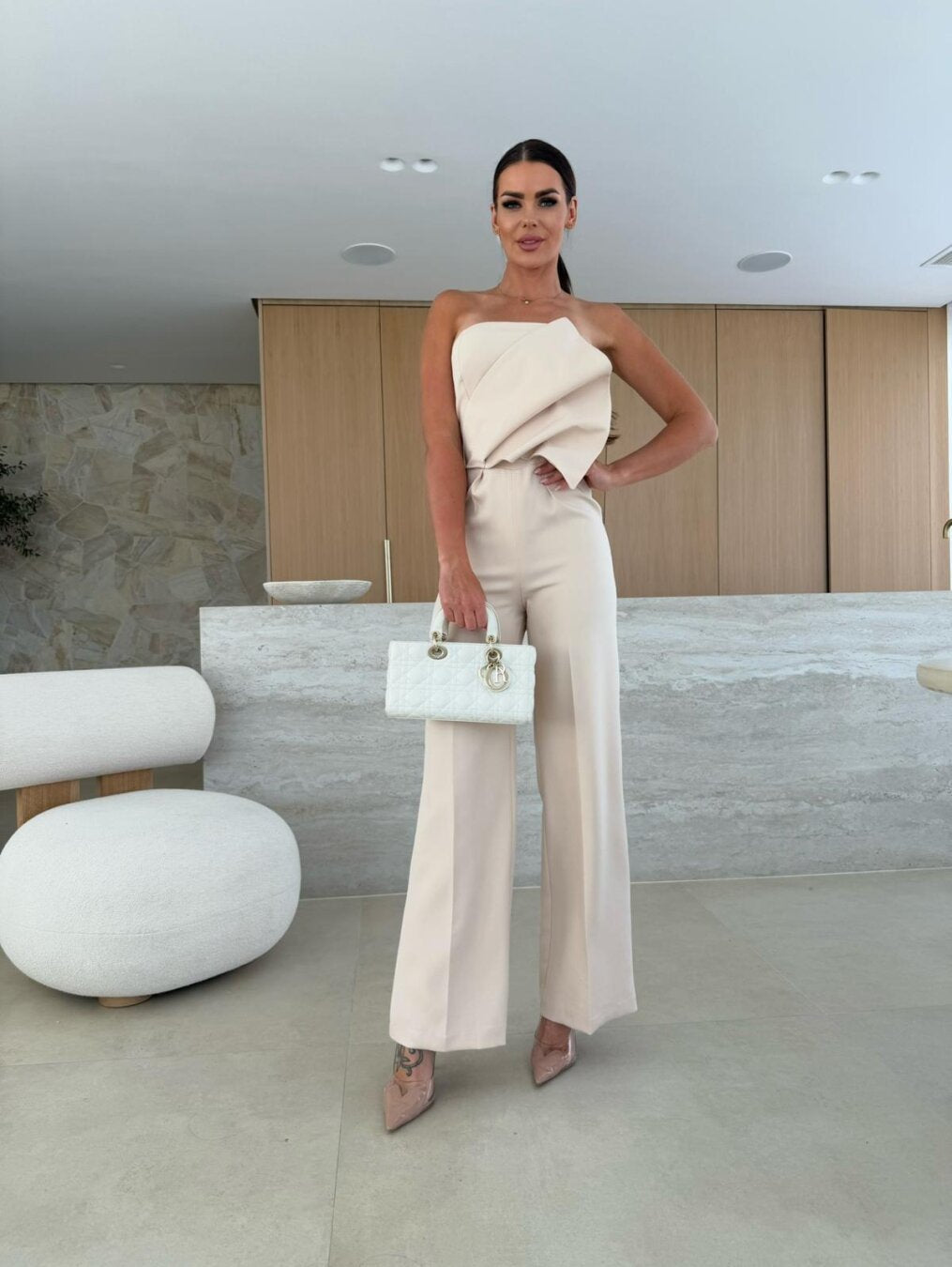 Solid Color Tight Fitting Strapless Low Back High Waist Wide Leg Jumpsuit 11