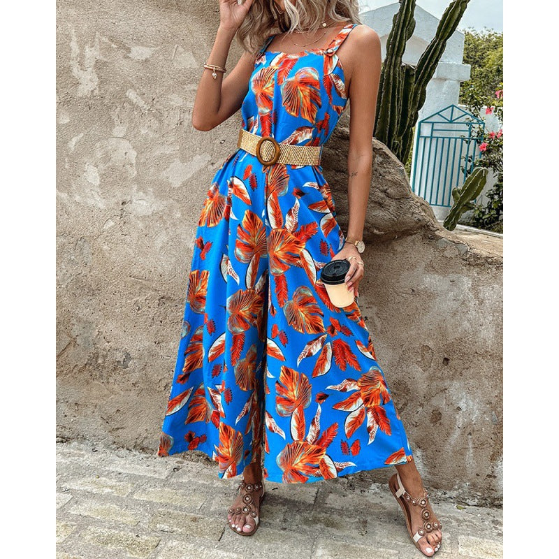 Women Printed Sleeveless Jumpsuit with Belt 4