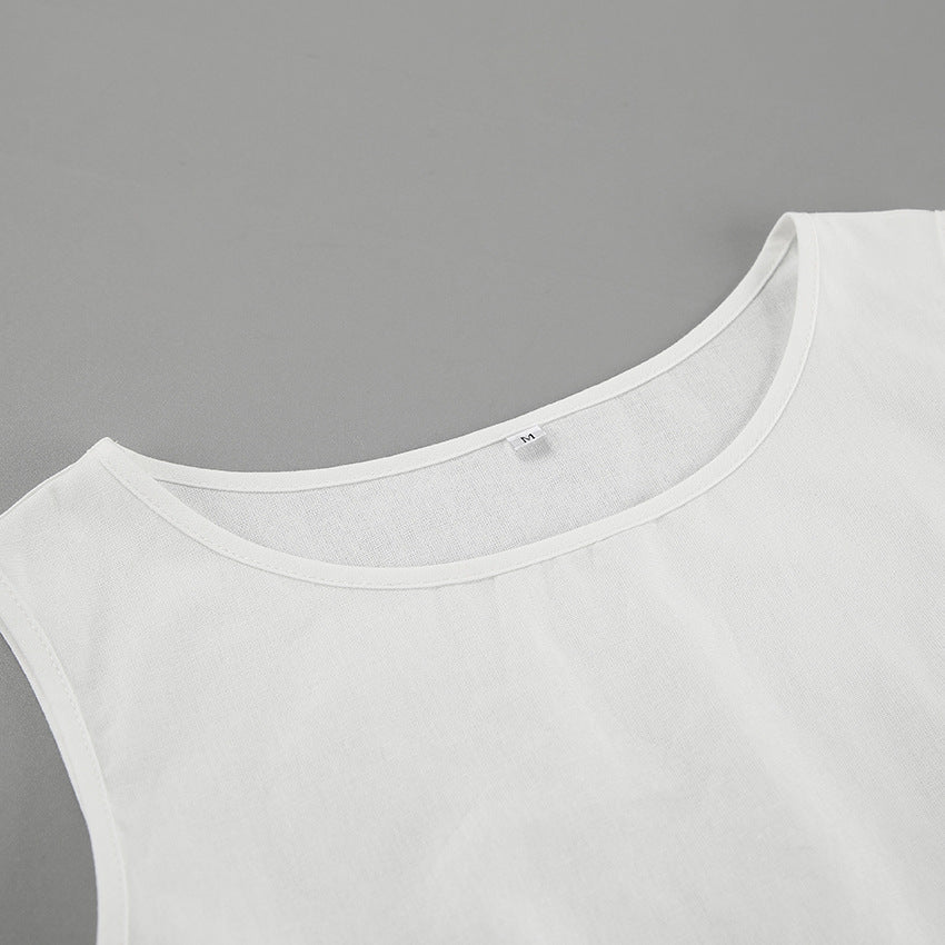 Women Spring and Summer Casual white sleeveless round neck vest lace-up shorts Two Piece Set 14