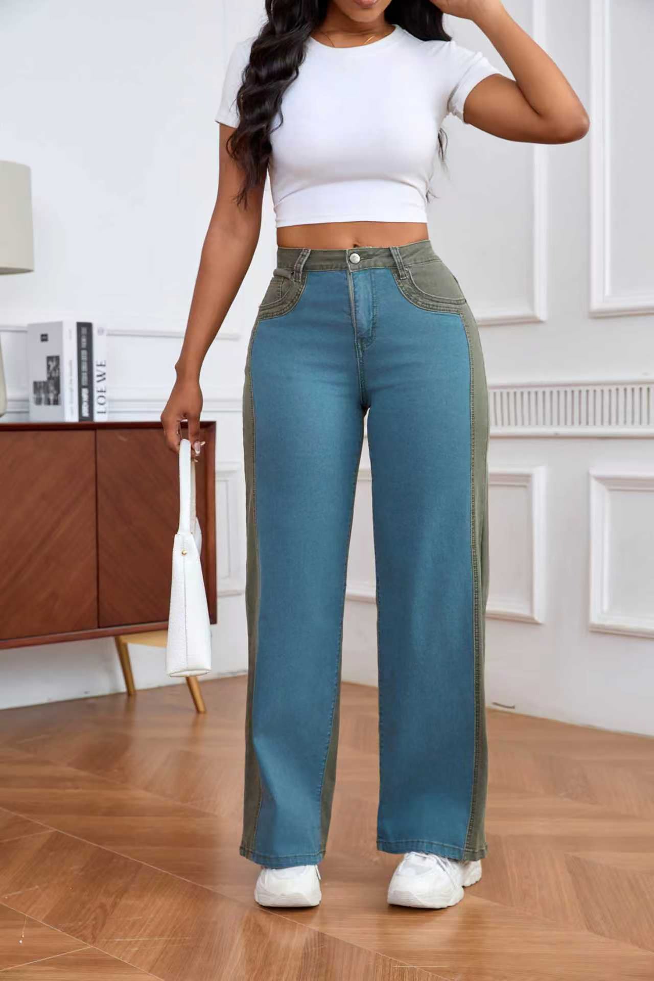 Women Patchwork Wide-Leg Denim Pants, Fall American Style Contrast Color Pants