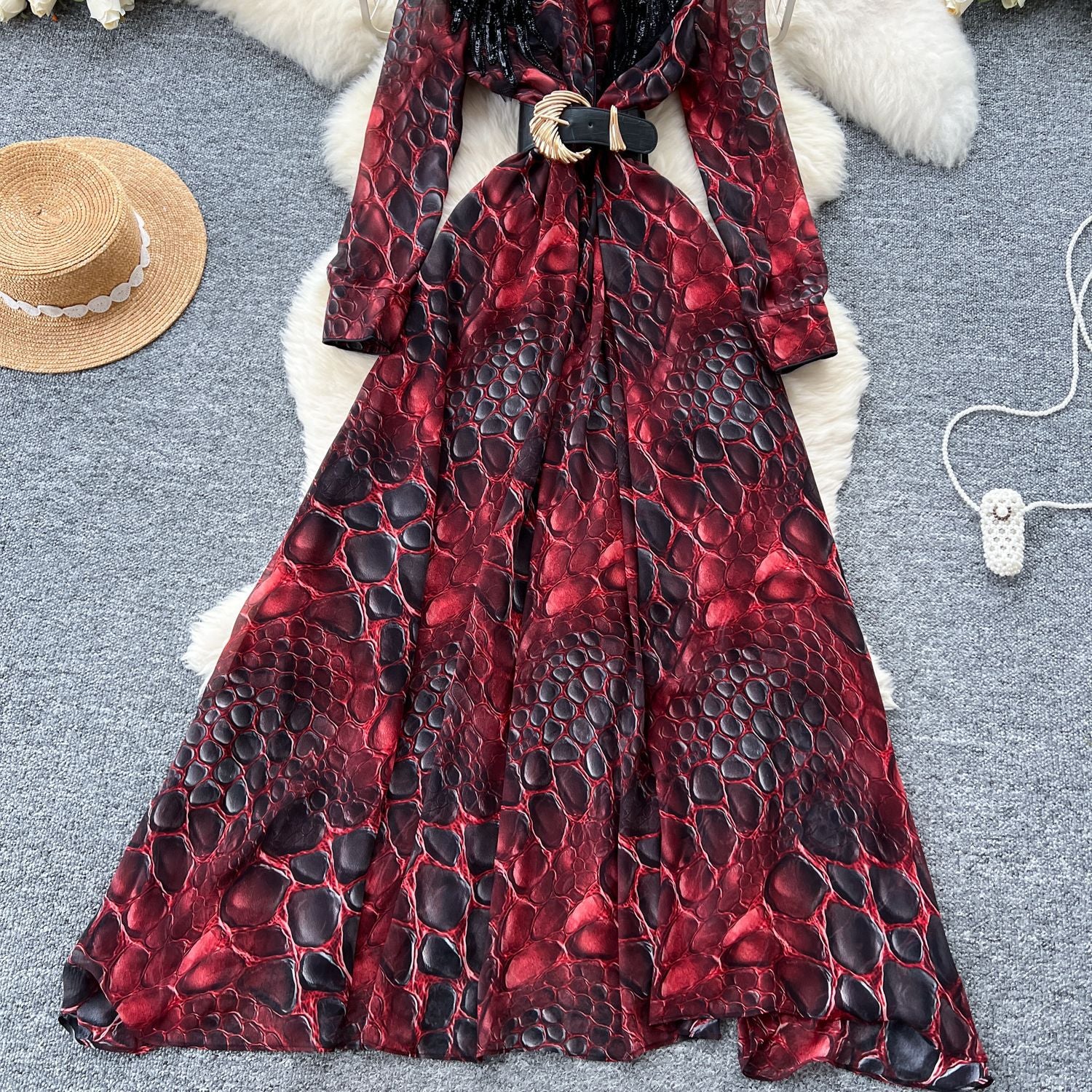 Fashionable Women's Beaded Sequin Embroidery V neck Slim Waist Long Sleeve Leopard Print Elegant Long Dress 15