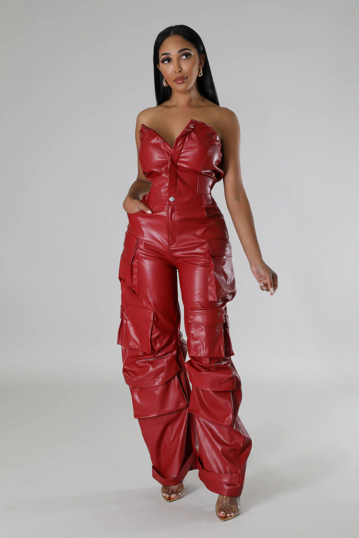 Women's Strapless Low Back Slim Fit Trendy Pocket Jumpsuit 3