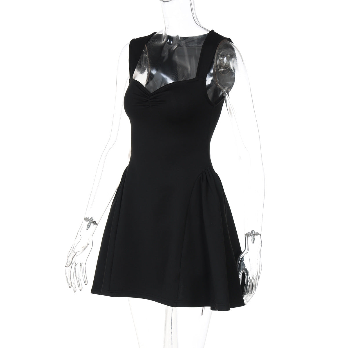 Summer Women's Solid Color Pleated Sexy V-Neck Slim Waist A-line Dress 7