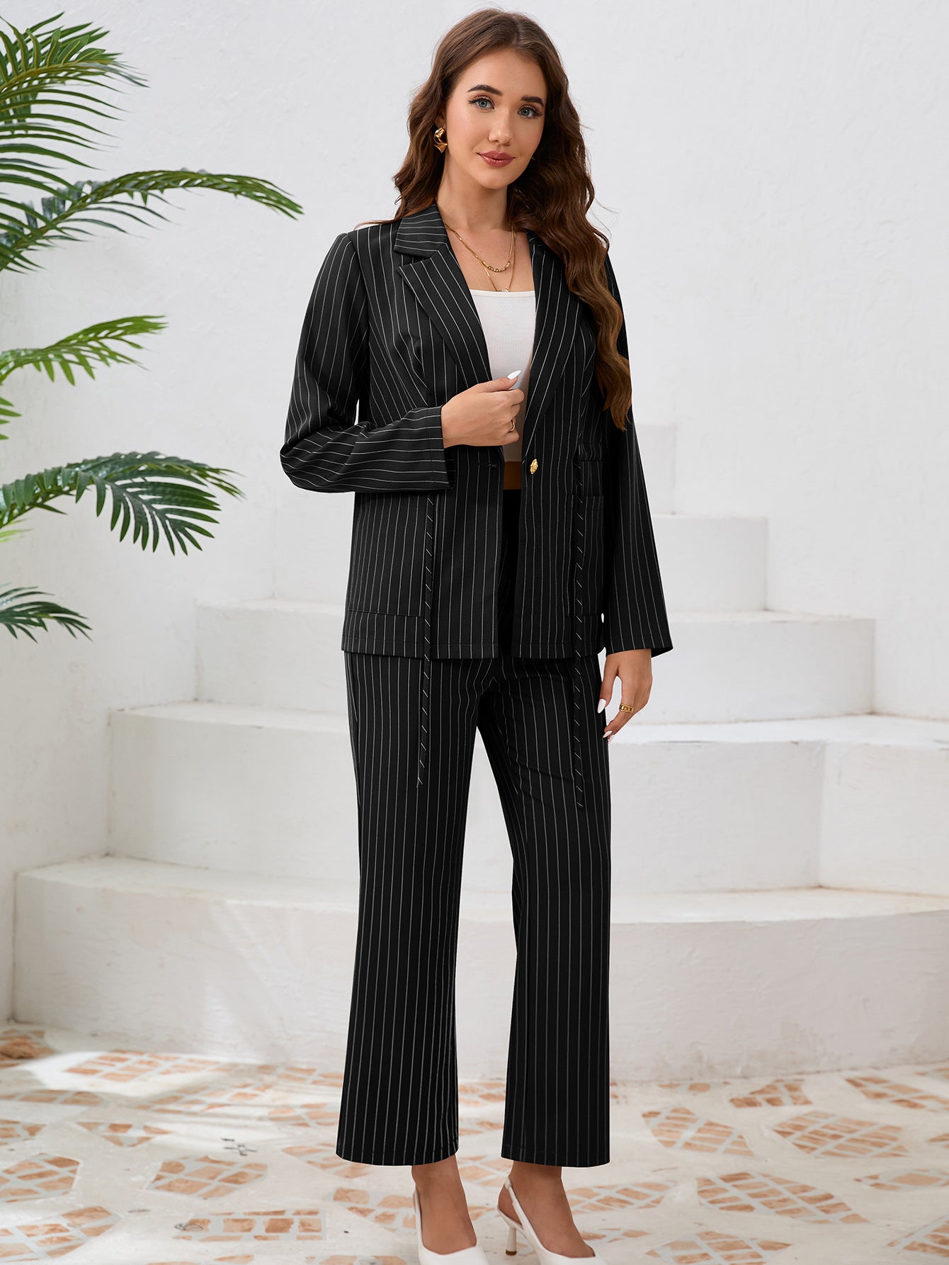 Casual Stripe Turndown Collar Strap Blazer Jacket Straight Pants suits Women's two-piece set 7