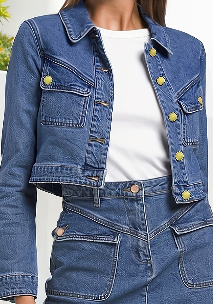 Women Turndown Collar Denim Jacket