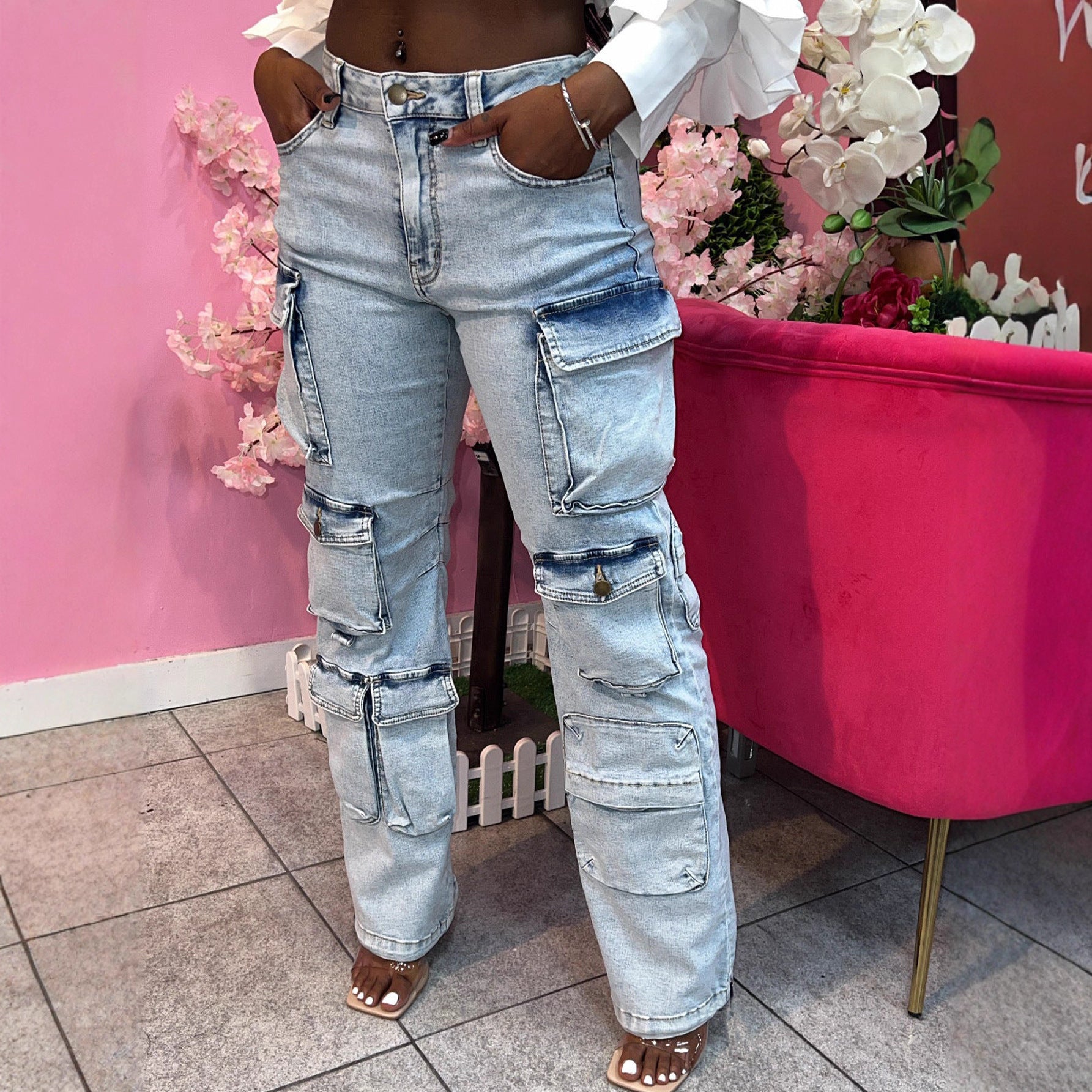 Women's Fashion Multi-Pocket Straight-Leg Washed Cargo Denim Pants