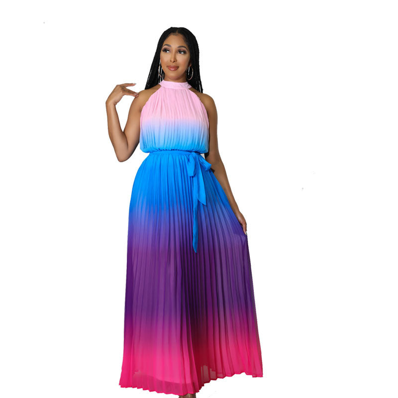 Women's Round Neck Sleeveless Maxi Pleated Tie Dye Pressed Pleated Slim Waist Rainbow Dress 9