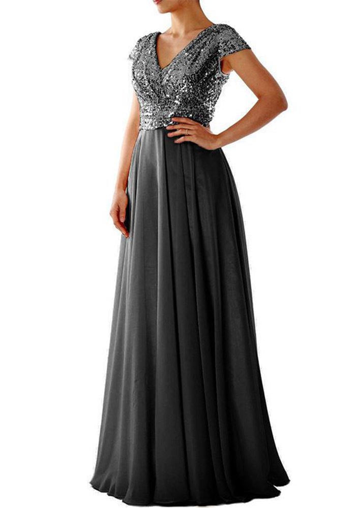 Women Summer V Neck Sequined Chiffon Patchwork Evening Dress 7