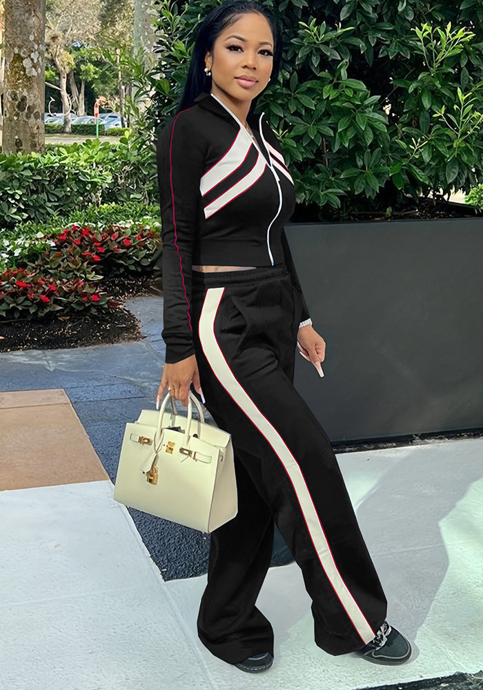 Women Style Street Zipper Contrast Patchwork Top and Pant Set 10