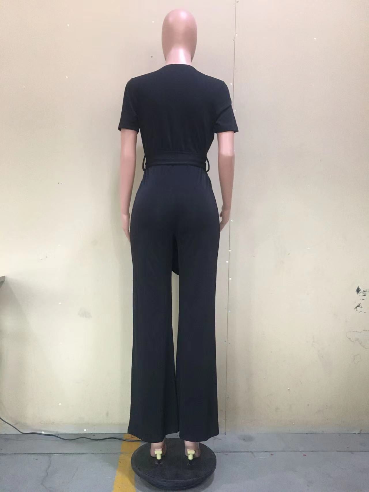 Summer Short Sleeve Wrap V-Neck Solid Loose Jumpsuit 10