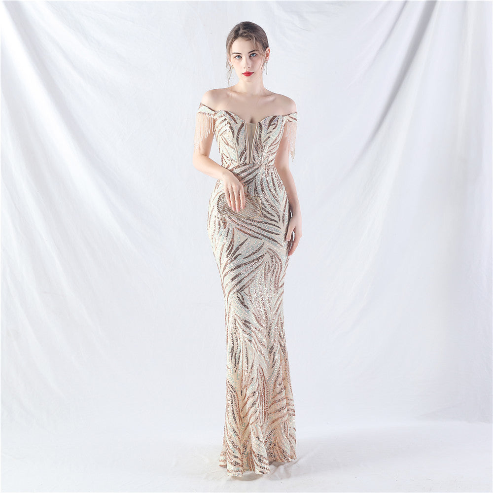 Off Shoulder Tassels Fishbone Slim Waist Lace-Up Sequin Evening Dress 13