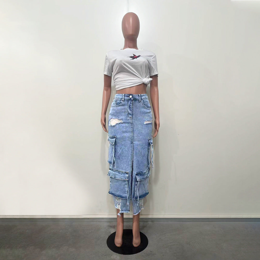 women's slit Ripped pocket Cargo Denim skirt 9