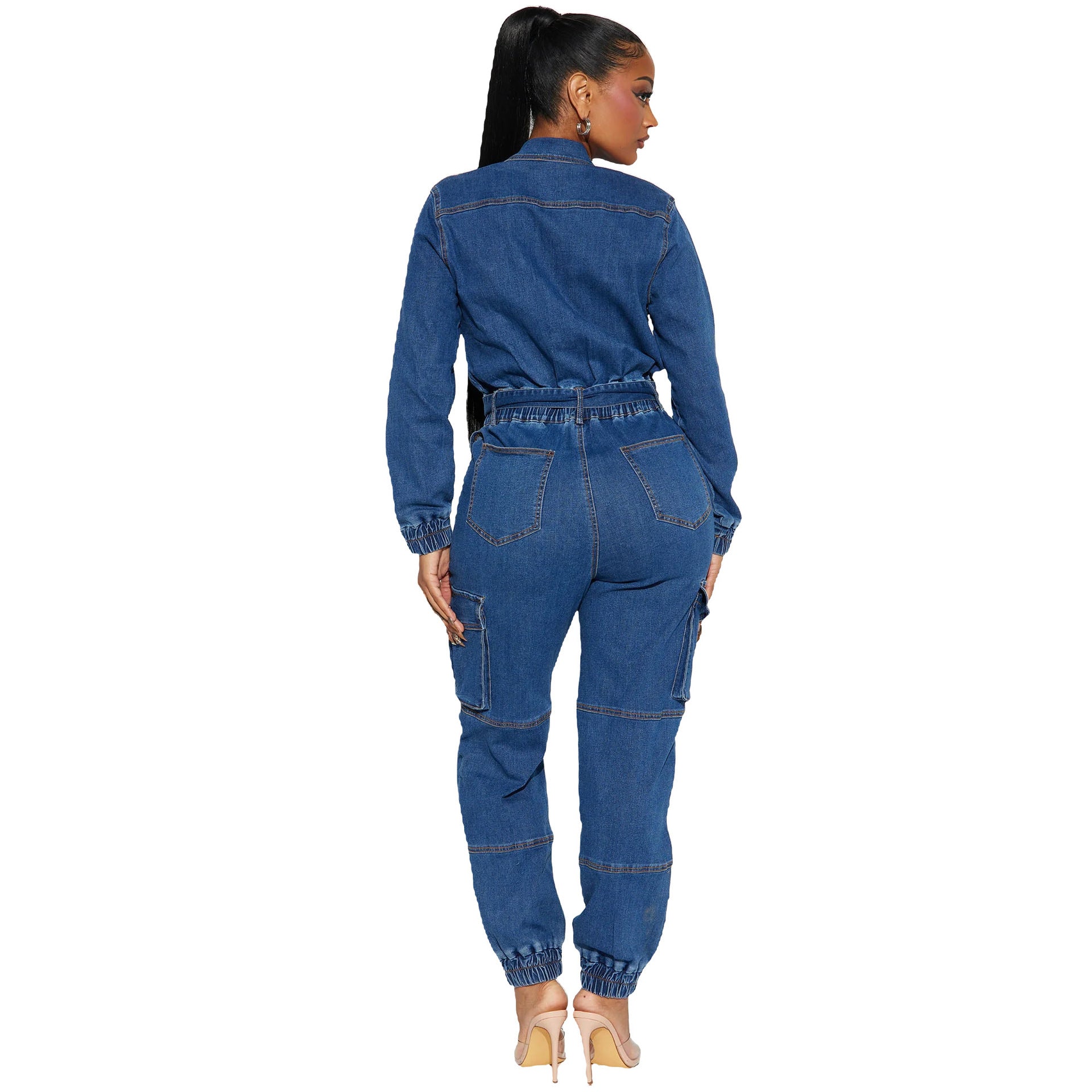 Stylish Street Style Slim Waist Tight Fitting Multi-Pocket Elastic Waist Denim Cargo Jumpsuit 5
