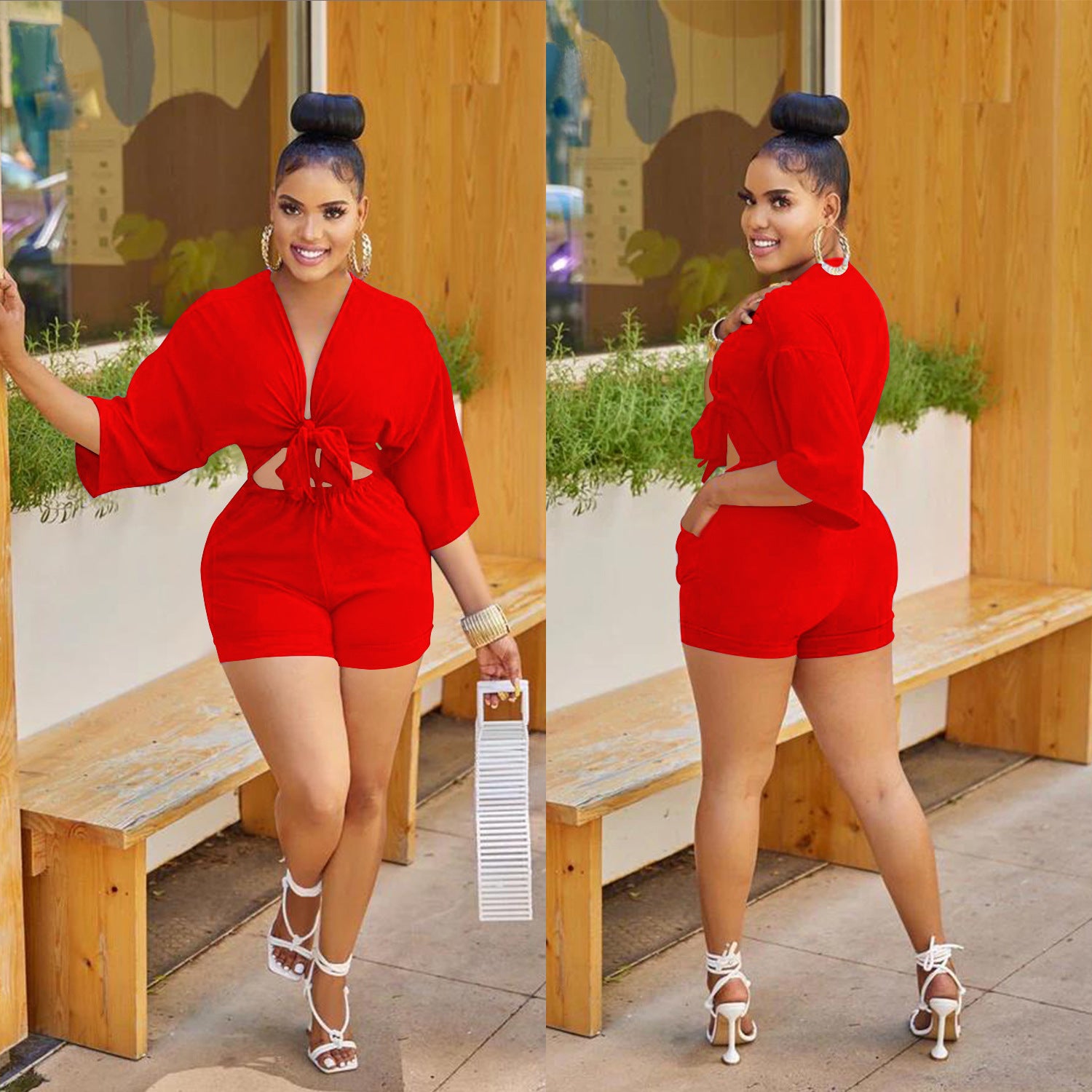 Fashion Women's Solid Color Shorts Half-Sleeve Rompers 10