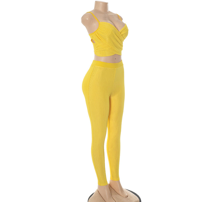 Women's Spring-Summer Hollow Pleated Crop Top Skinny Pants Set 9