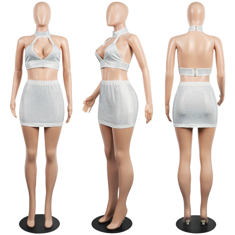 Sexy diamond-encrusted deep V-wrapped chest strap two-piece skirt set 37