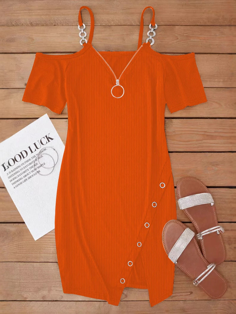 Women Fall and Winter V-neck Short Sleeve Solid Metal Slit Dress 8