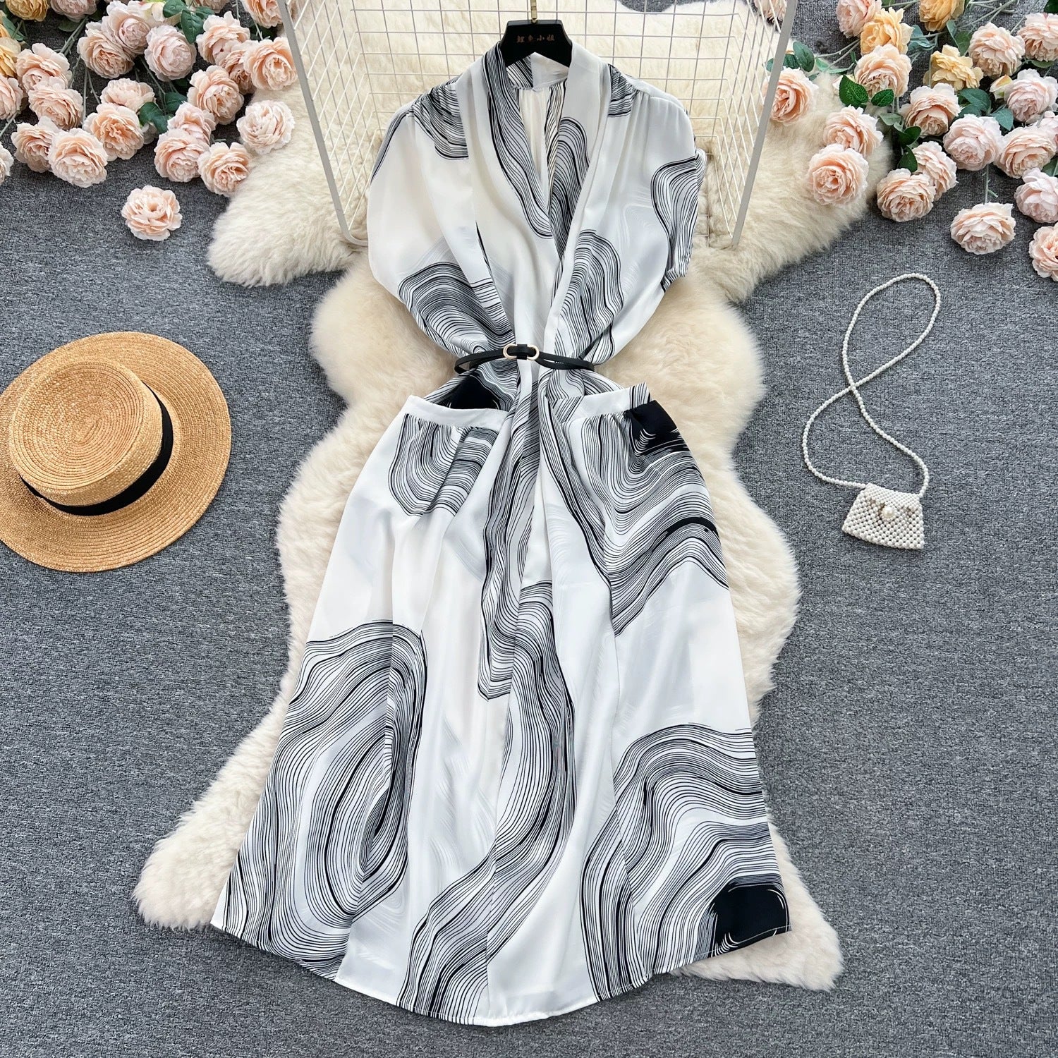 Women Vintage V-Neck Print Summer French Lace-Up Maxi Shirt Dress 3