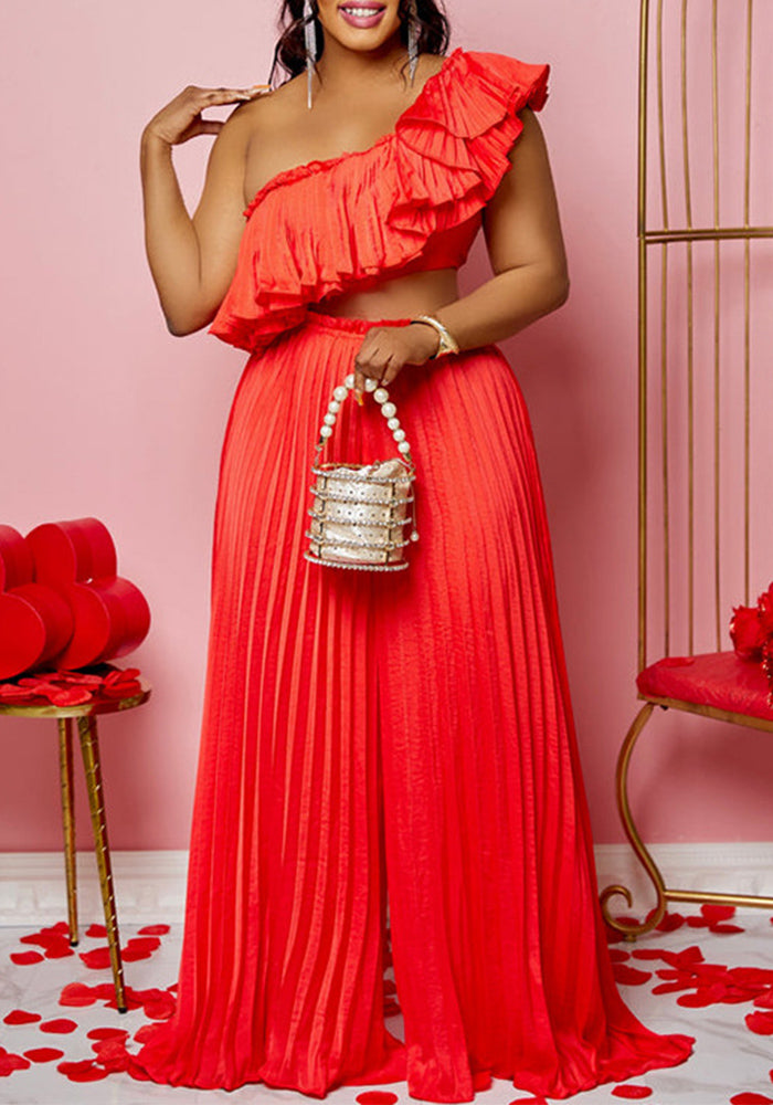 Women's Slash Shoulder Low Back Ruffled Sexy Top Pleated Wide Leg Pant Two-Piece Set 5