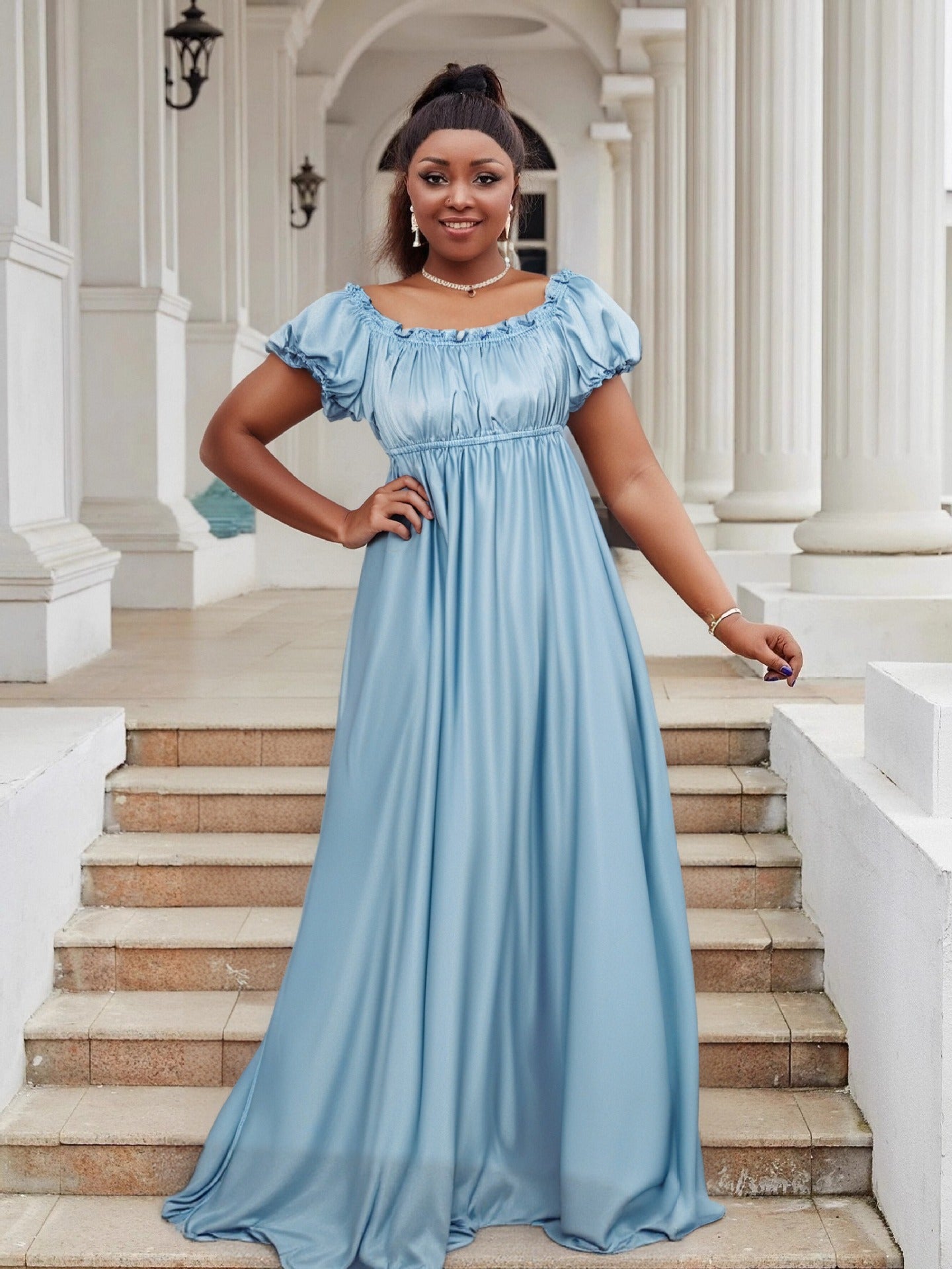 Luxury Off Shoulder Short Sleeve High Waist Maxi Dress Elegant Plus Size Evening Gown 4