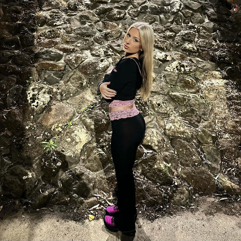 Women Street Color Contrast Lace Patchwork Long Sleeve Hooded T-shirt Pants Two Piece Set 4