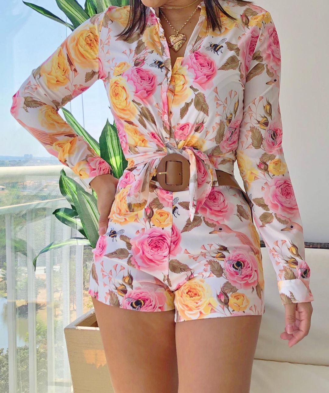 Women's Printed Long Sleeve Shirt Shorts Fashion Women's Two Piece Set 3