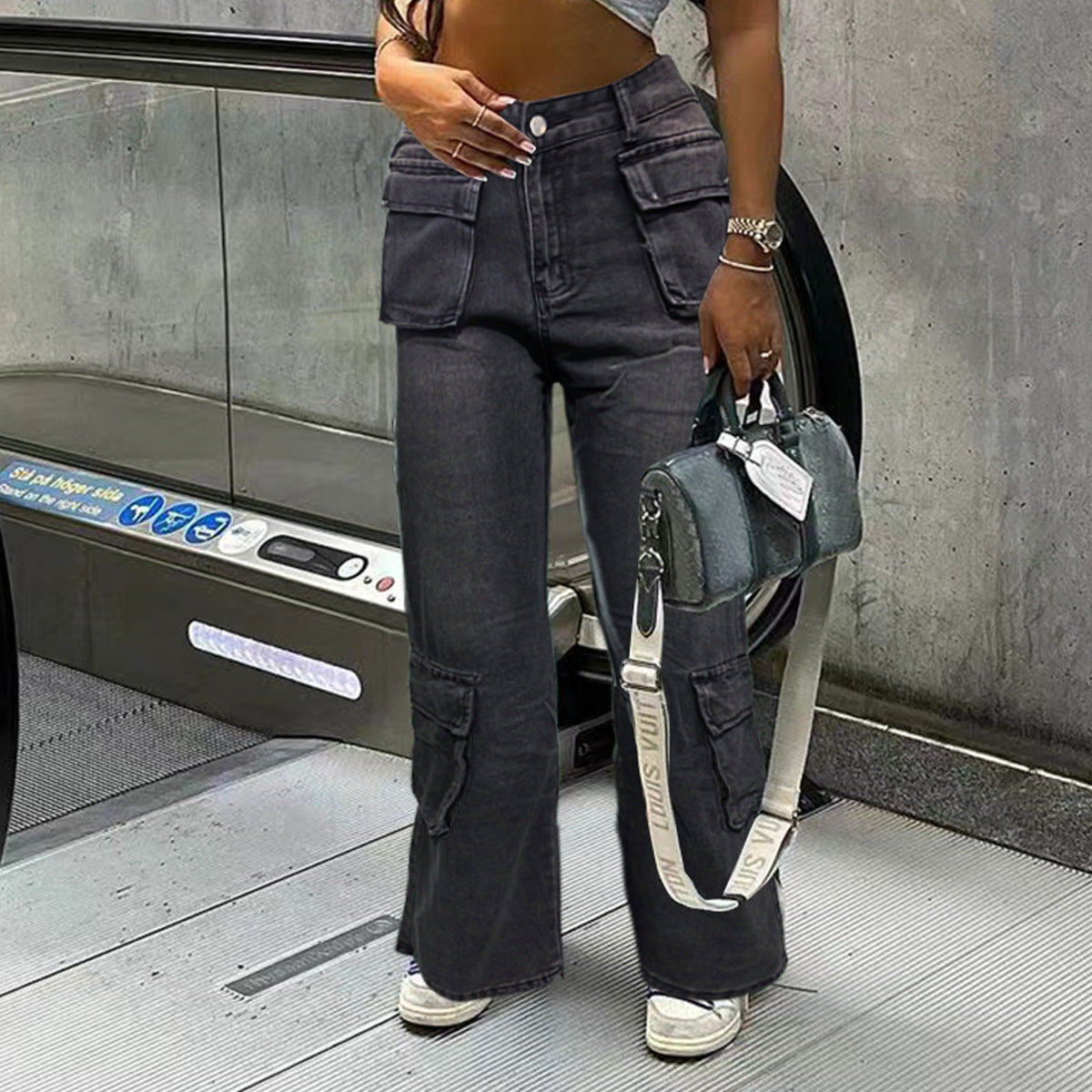 Women Pocket Cargo trousers Wide Leg Straight Washed Denim Pants
