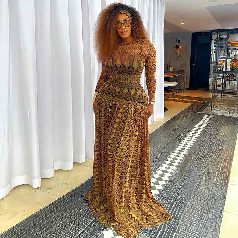 Elegant Women's Slim Waist Semi-Sheer Printed Round Neck Long Sleeve A-Line Dress 3