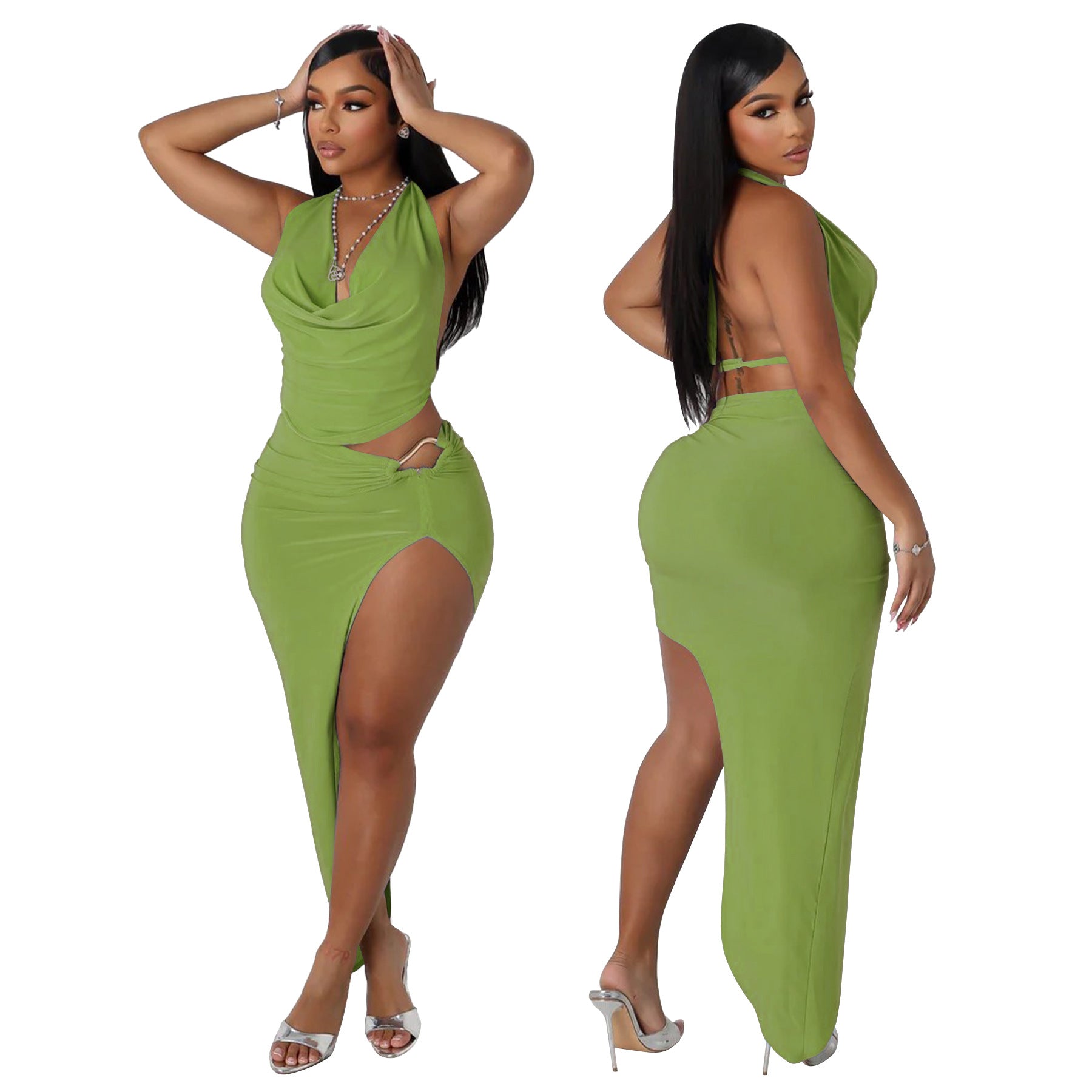 Women's Halter Neck Vest Sexy High-Slit Skirt Two Piece Set 3