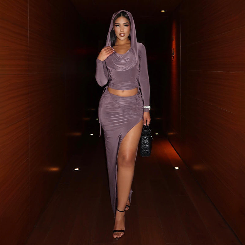 Spring Solid Color Hooded Slim Long Sleeve  Top High Waist Slit Long Skirt Women's Two Piece Set 3