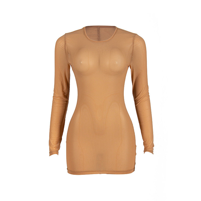 Autumn Solid Color Round Neck Long Sleeve Mesh Sexy Long Sleeve Bodycon Dress 8