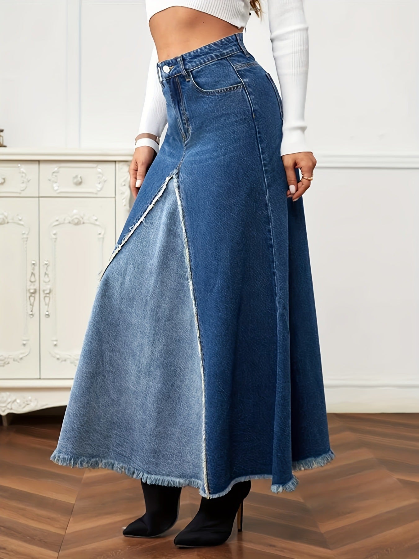 Fashion Hem Patchwork A-Line Denim Long Skirt 3