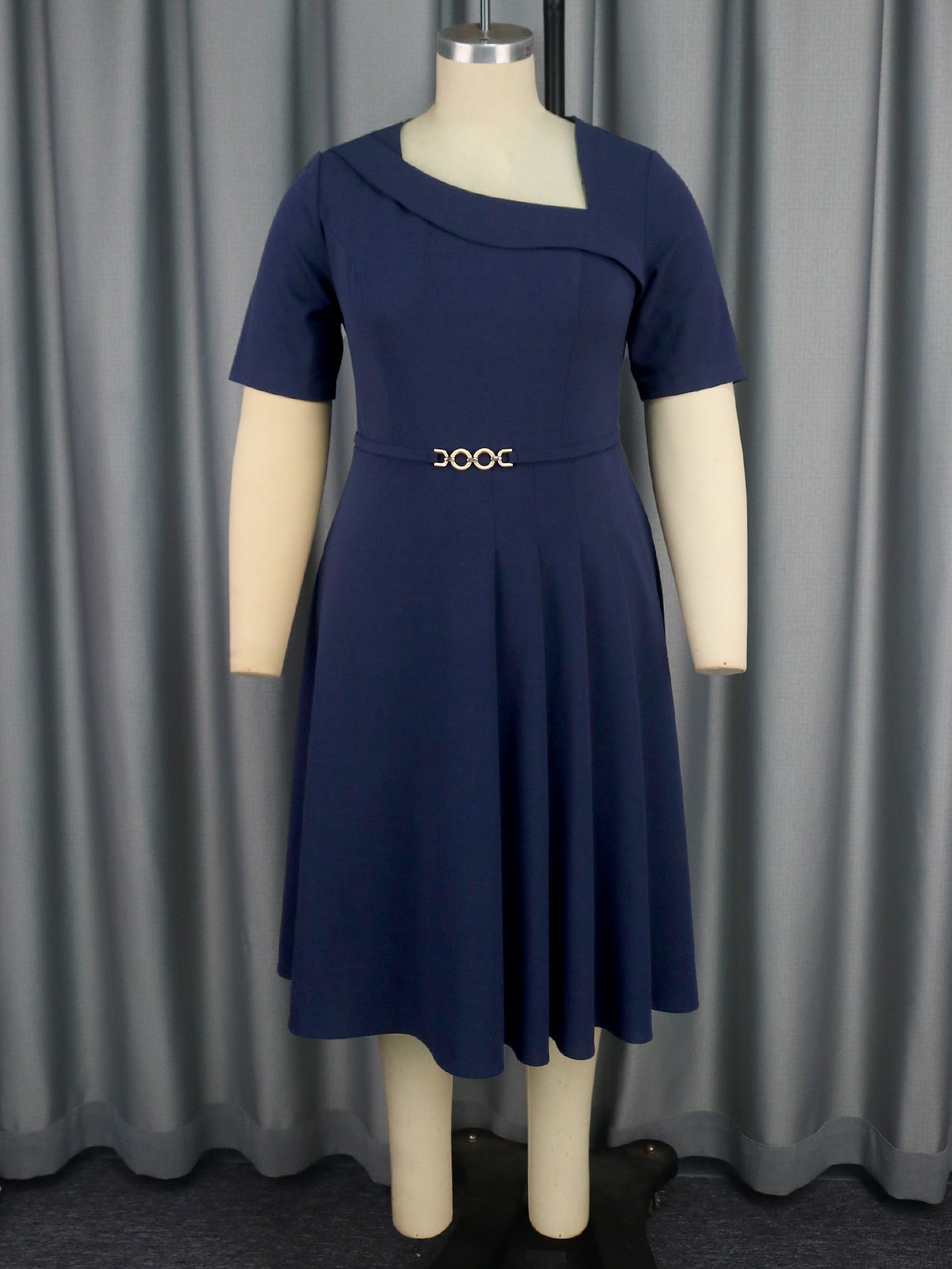 Plus Size Women asymmetric collar pleated Dress 9