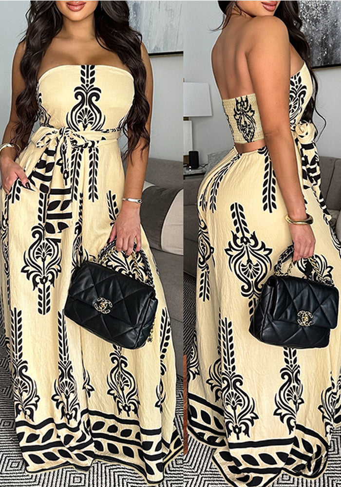 Print Strapless Belt Wide Leg Jumpsuit