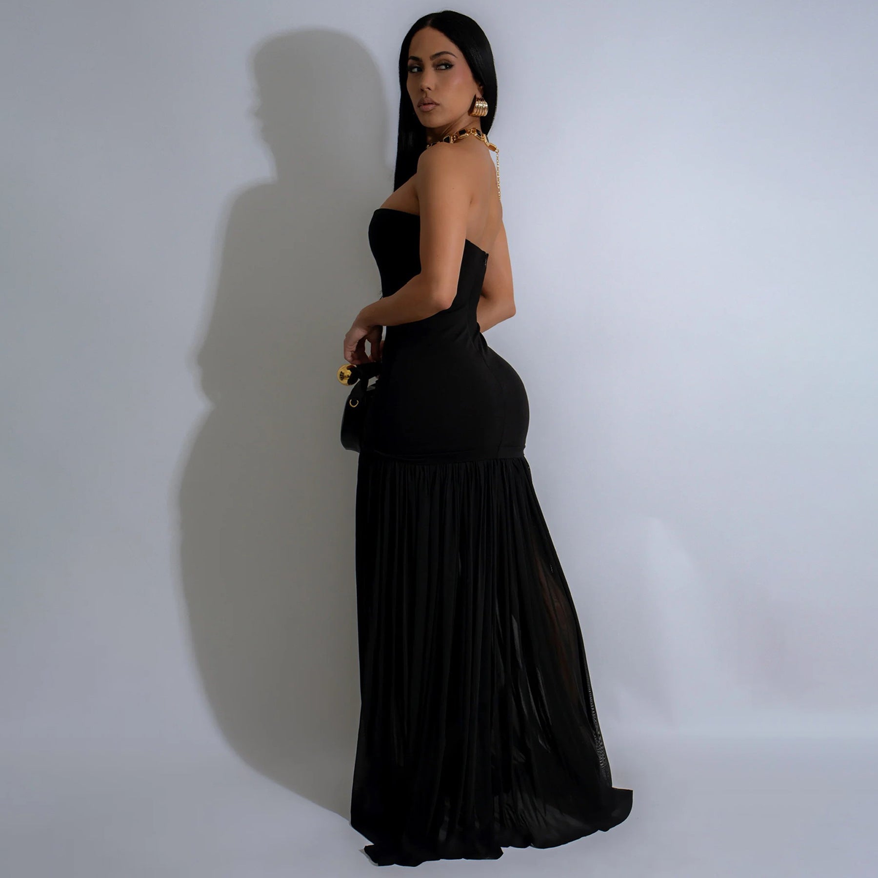 Women Sexy Backless Mesh Patchwork Solid Strapless Dress 4