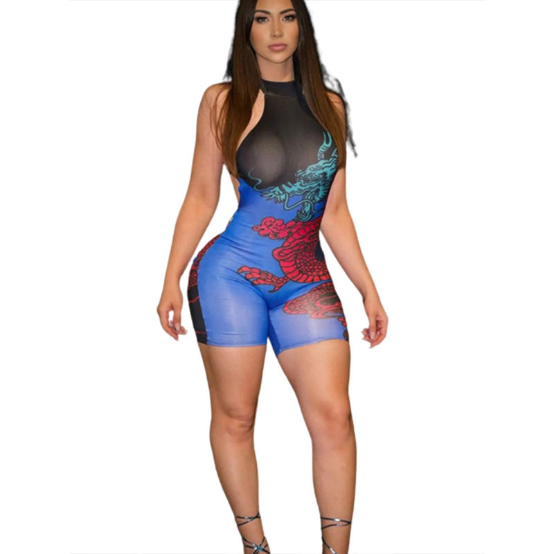 Summer Women's Fashion Halter Neck Sexy Low Back Slim Print Contrast Jumpsuit 6