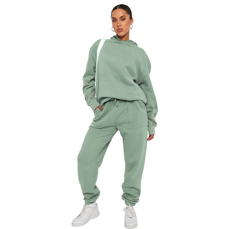Fall Winter Solid Color Hooded Tracksuit Long Sleeve Hoodies Women's Fashion Casual Pant Two Piece Set 12