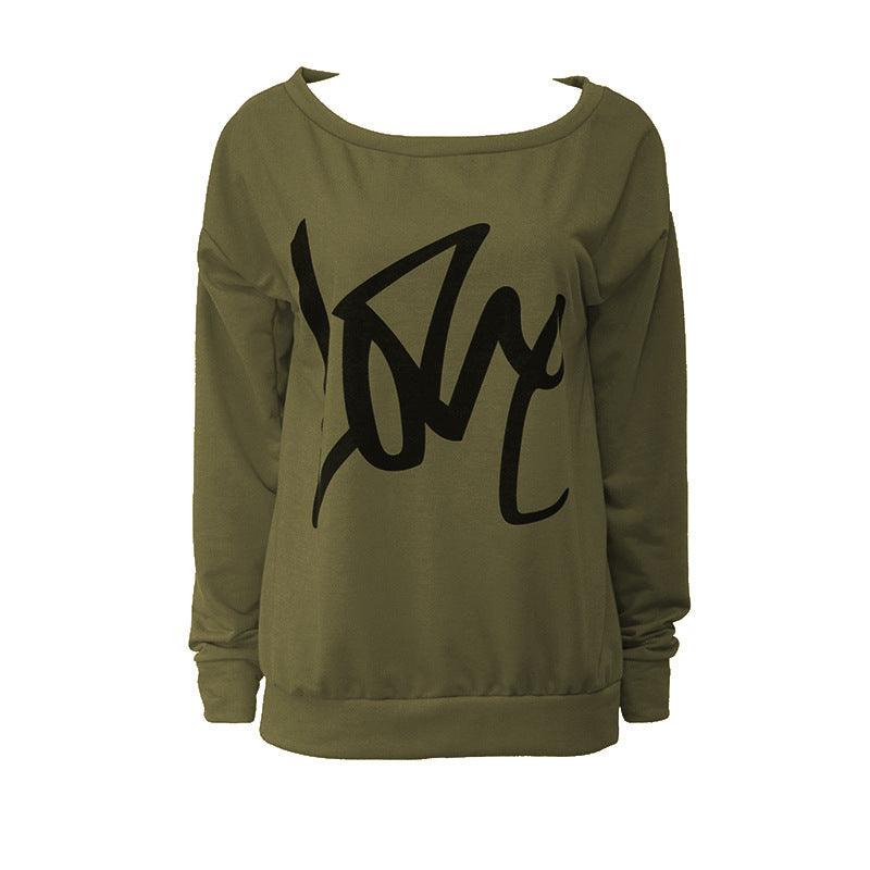 Love Letter Printed Long Sleeve T-Shirt Sexy Off-Shoulder Women's Top 23
