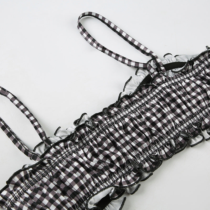 Women Summer Holidays Plaid Suspender Top Shorts Swimwear  Two-piece Set 23