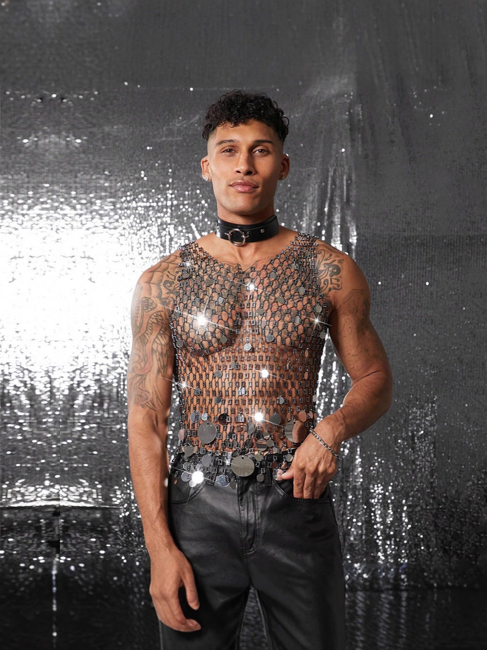 Men Diamond-Encrusted Hollow Sequin Mesh Sexy Nightclub Party Sleeveless Top