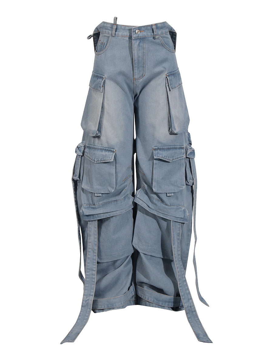 Women Street Denim Washed Cargo Wide-Leg Pants 3