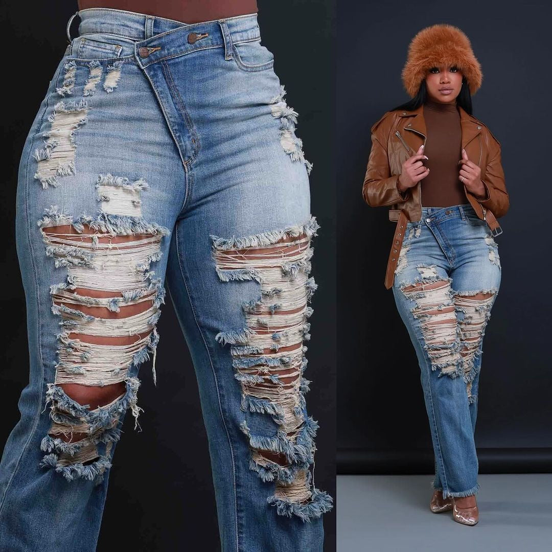Autumn Winter Women's Straight Elastic Waist Ripped Denim Pants 3